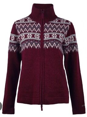 Skhoop Wool Full Zip Sweater Red Fair Isle Print Large